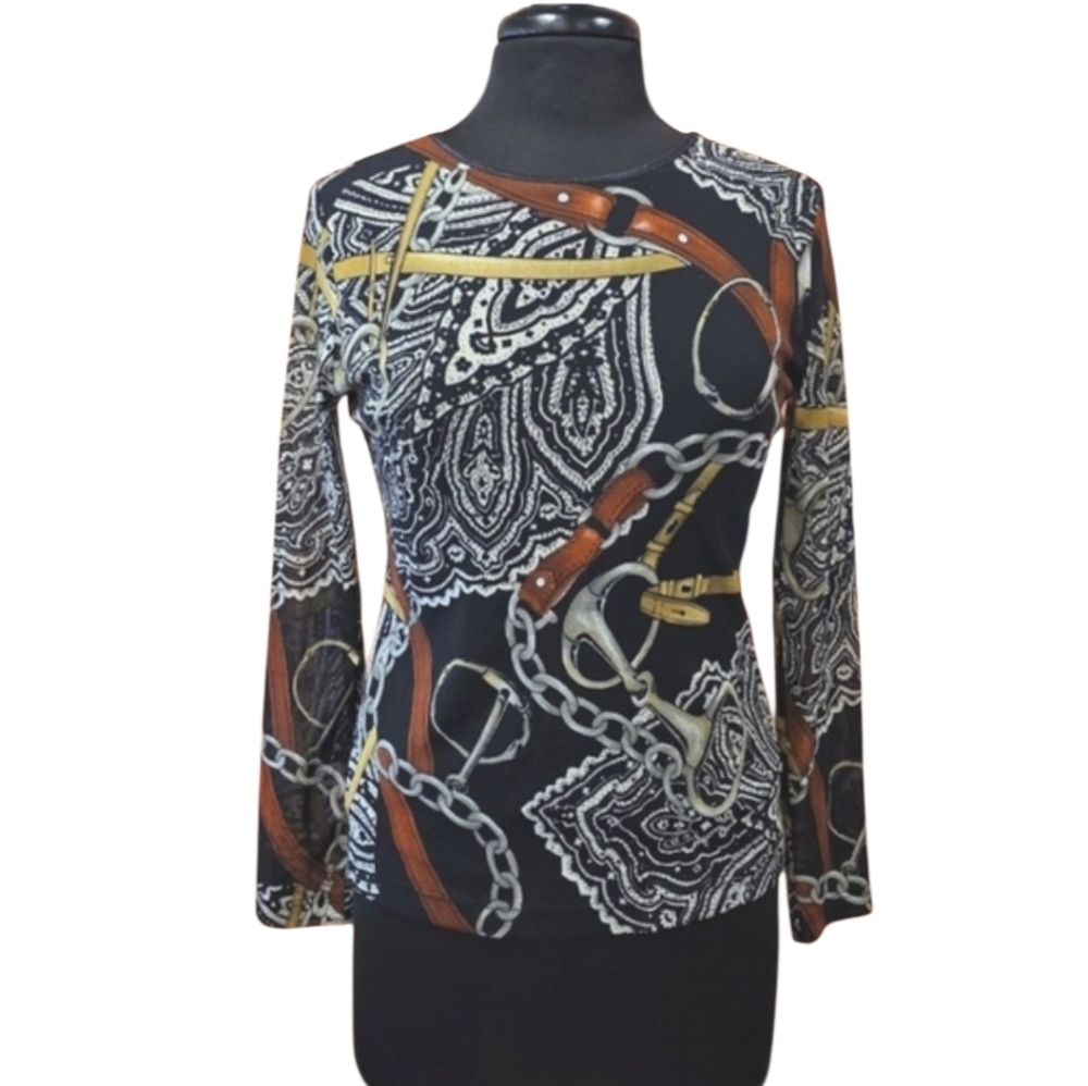 Vintage Y2K Grail Euro Mesh Top Moda Style M? Black Chain Print Blouse